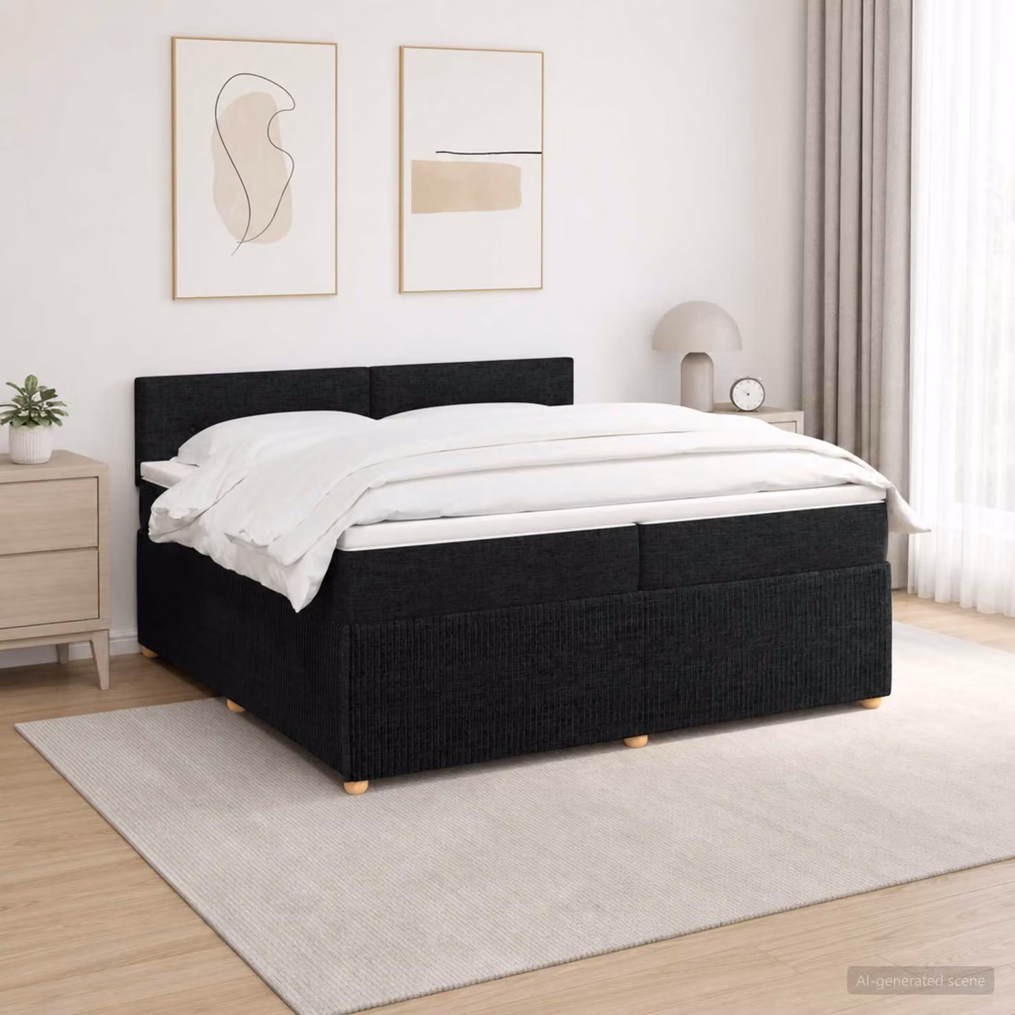 Letto box spring vidaXL con materasso in tessuto nero, dotato di illuminazione sottostante e porta USB, L/P: 200 x 200 cm