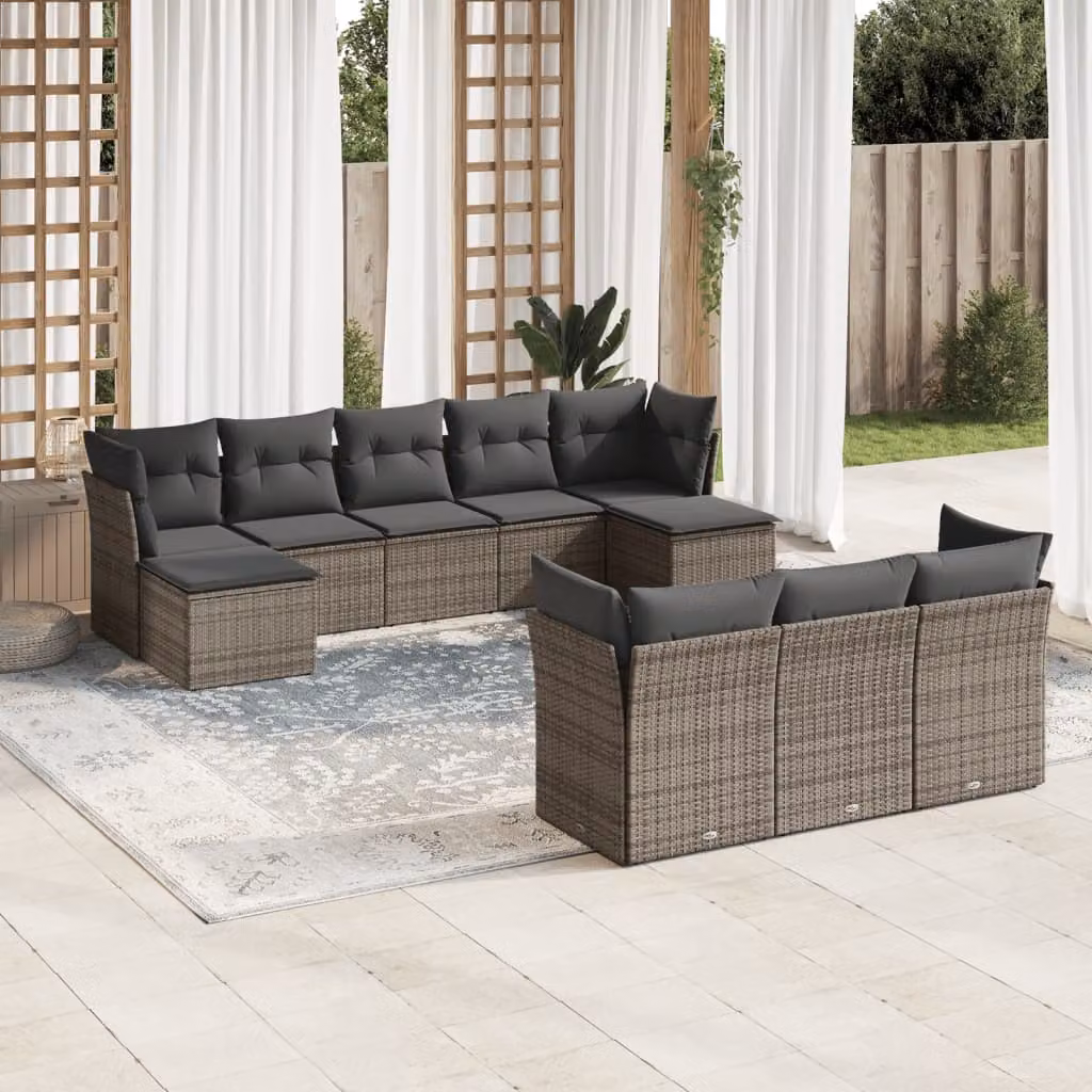vidaXL Set Divano da Giardino 10 pz a forma di U in Polyrattan Grigio con Cuscini e Struttura in Acciaio – 1