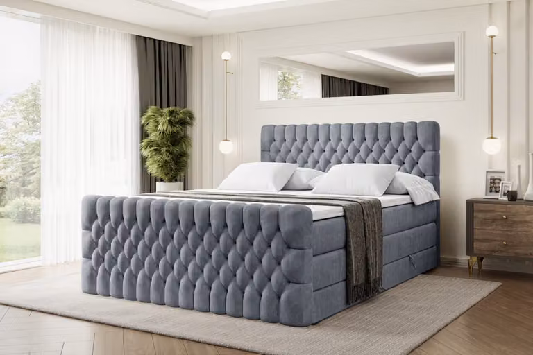 Letto boxspring ALTDECOR con pediera, 2 materassi e topper - 200x200 cm - SERENE-Z KING - Velluto grigio - Letto imbottito con materassi H3 e H4, contenitore e rete a doghe, letto con spazio contenitivo