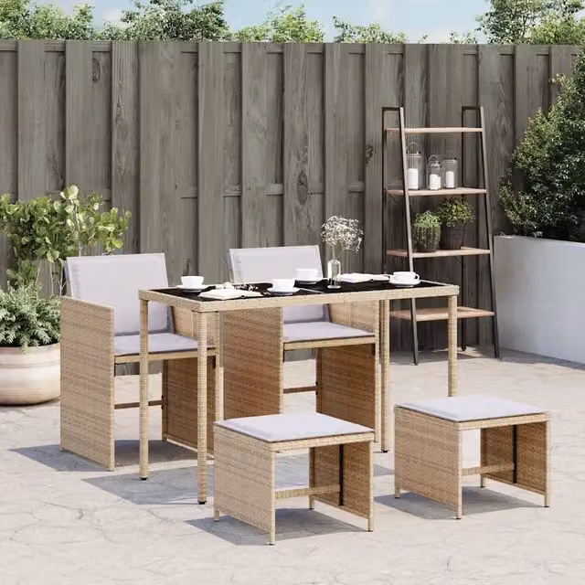 Set Pranzo da Giardino vidaXL in Polyrattan con Cuscini Beige e Grigio e Tavolo in Vetro – 1