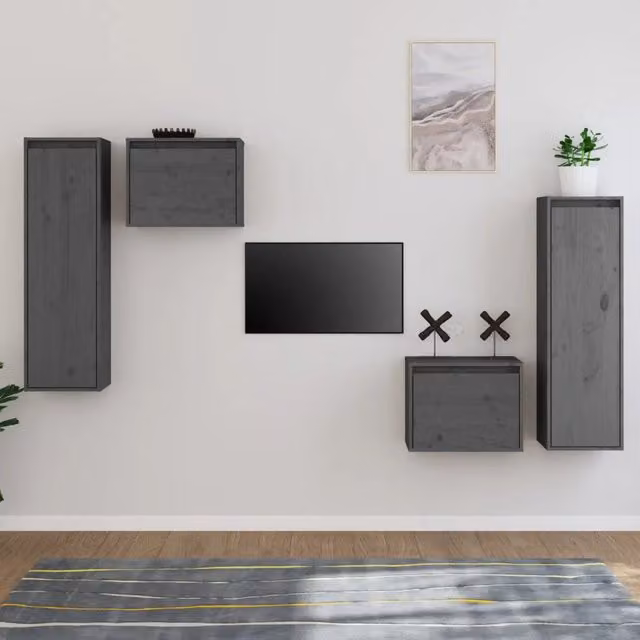 Set di 4 mobili porta TV vidaXL in legno massello di pino grigio per soggiorno moderno