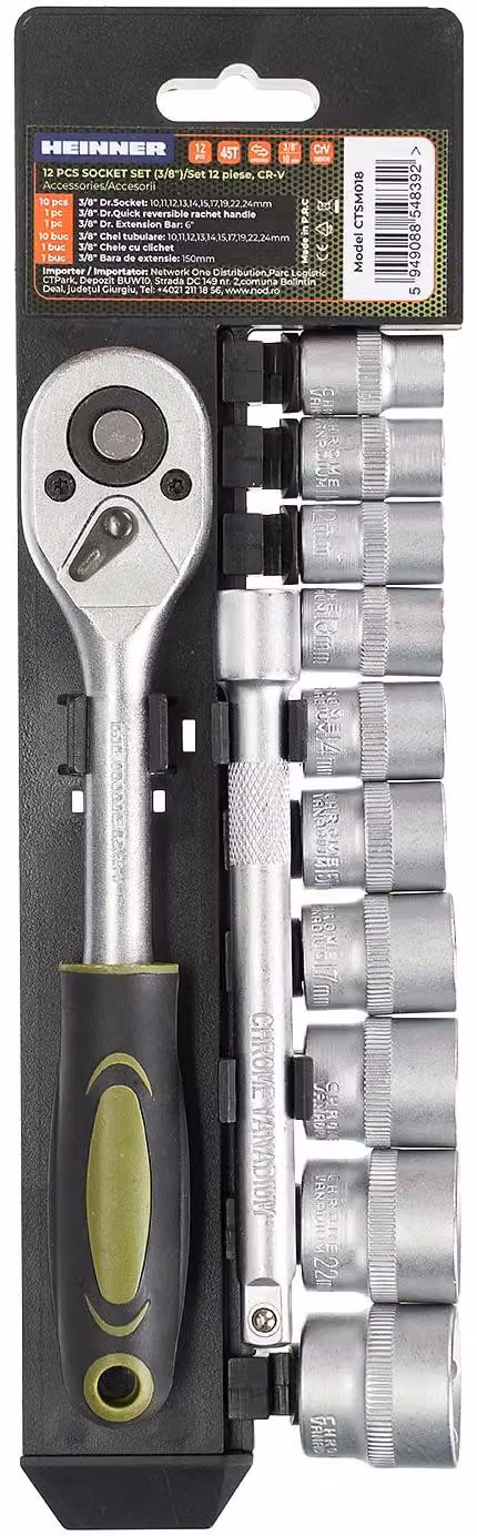 Set da 12 pezzi Heinner CTSM018, chiave a cricchetto da 3/8", bussole, 10-24 mm, materiale: cromo-vanadio