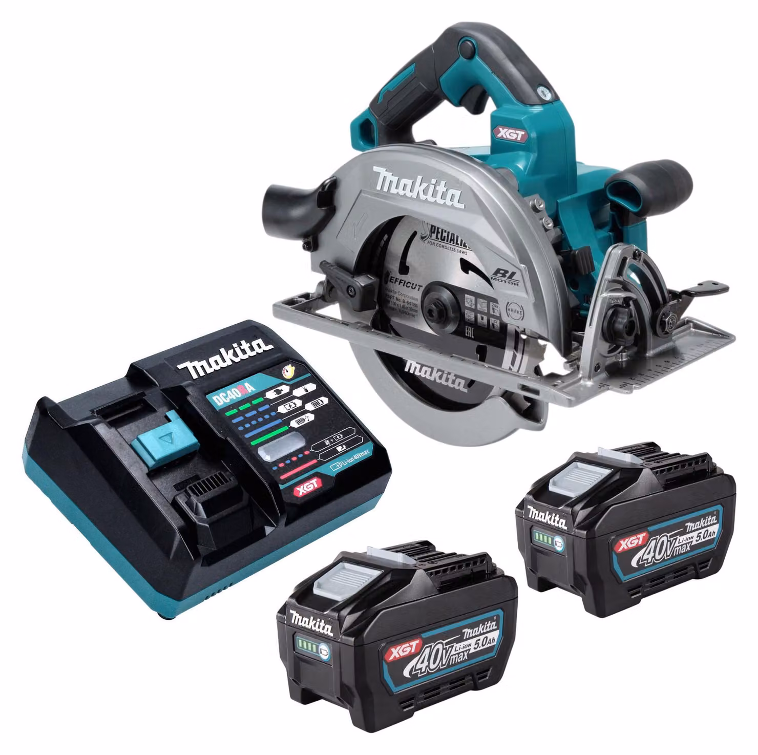 Sega circolare a batteria Makita HS 003 GT201, 40 V max, diametro disco da 190 mm, motore brushless, inclusa 1 batteria da 5,0 Ah e 1 caricabatterie