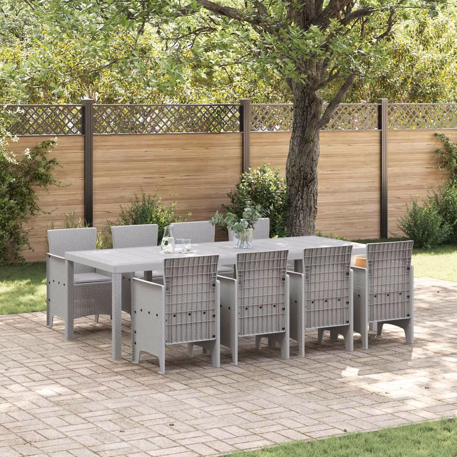Set da pranzo per giardino e terrazza vidaXL in polyrattan grigio 9 pz