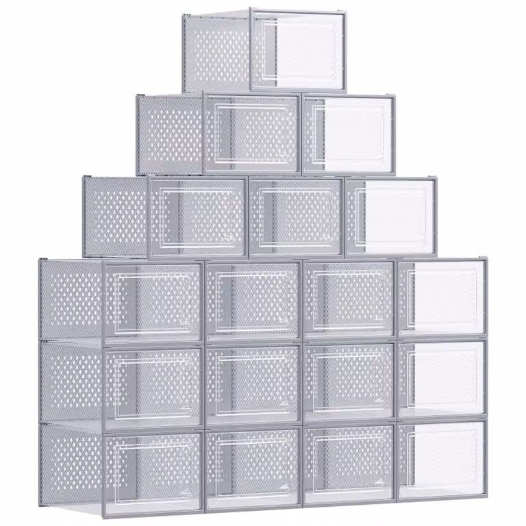 SONGMICS Scatole Porta Scarpe Pieghevoli | SONGMICS HOME, Trasparente + Grigio / L ( 35P x 25,2L x 19A cm )