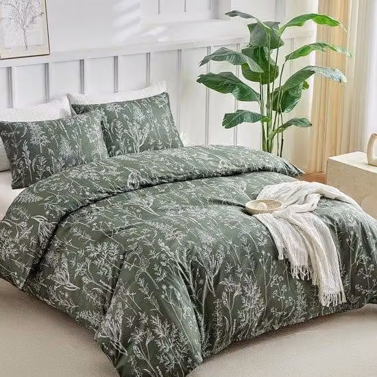 Set di lenzuola Ibenzoa® (microfibra), color verde oliva con motivo botanico – 200 x 200 cm, composto da 1 lenzuolo con copripiumino e 2 federe, con chiusura a zip e angoli con laccetti