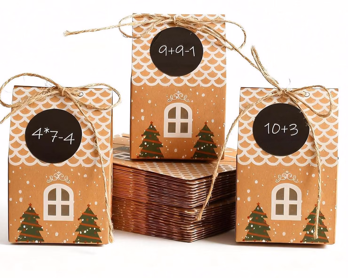 Calendario dell'Avvento da riempire, set da 50 casette natalizie, kit creativo fai-da-te con adesivi numerati, carta kraft, dimensioni 4,5x7x10 cm