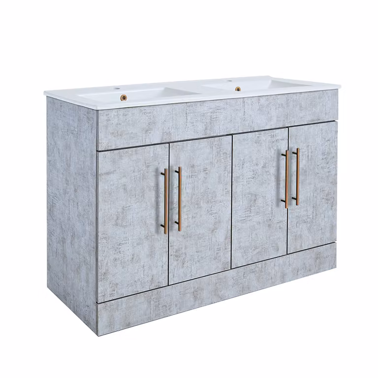 Mobile Bagno a Terra Grigio Cemento da 1210mm con Doppio Lavabo e Maniglie con Barra a T in Rame Satinato - Cluo