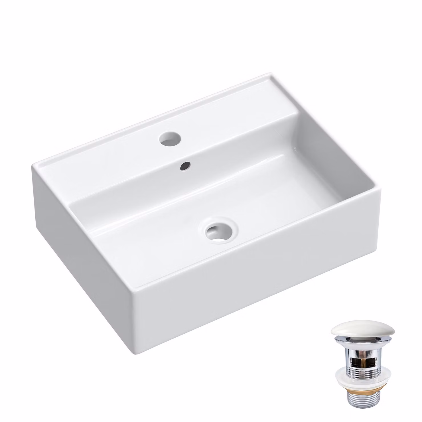 HOROW, lavabo da parete di 45 x 31 cm con sistema di scarico a tappo pop-up in Vetroceramica, lavabo rettangolare sospeso per il bagno, con bordo sottile, lavabo da appoggio con foro per il rubinetto e sistema di troppo pieno