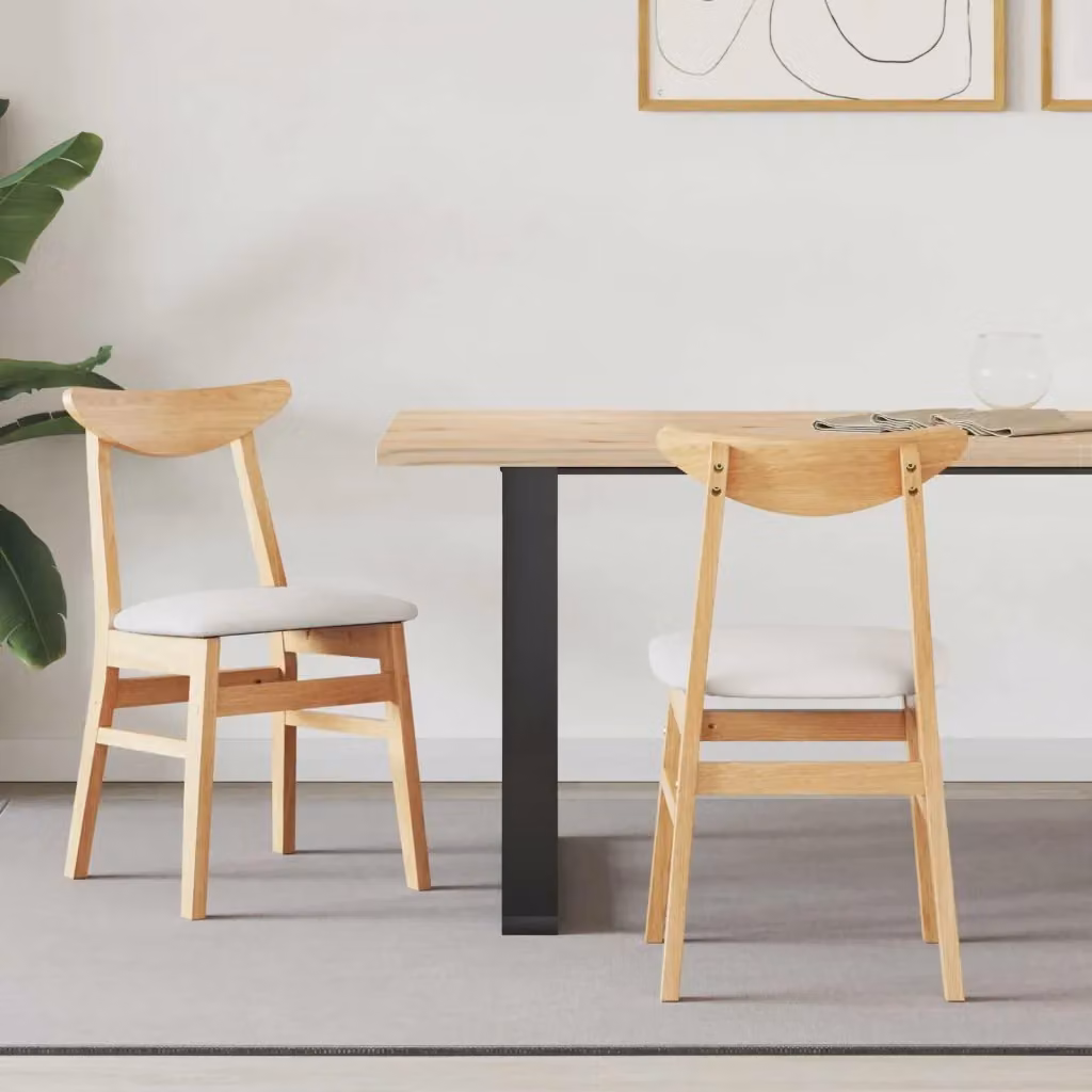 Set di 2 sedie da pranzo e cucina moderne in legno di gomma con seduta in tessuto beige e bianco, L/P/H: 42 x 47.5 x 81 cm – 2