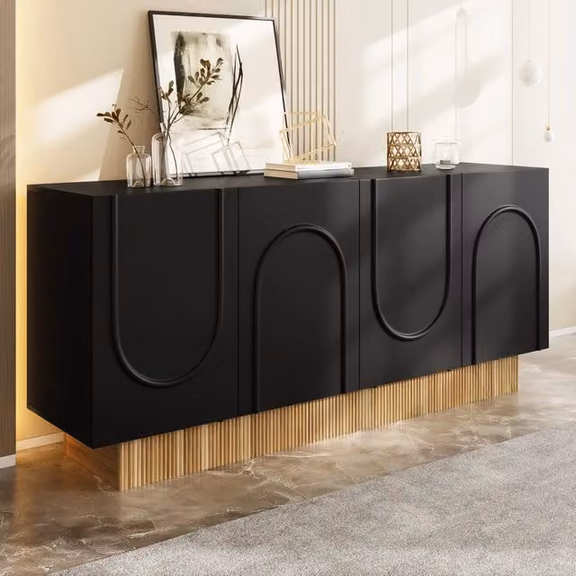 Credenza e madia con 4 ante e 4 vani, finitura opaca, per soggiorno e sala da pranzo, nero e legno, 160 × 38 × 75 cm