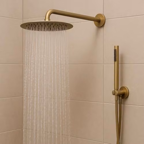 Ogomondo Kit Doccia Circolare Round-2 Soffione 250 mm in Acciaio Inox, Doccino con Presa Acqua, Finitura Oro (Oro Matt Satinato)