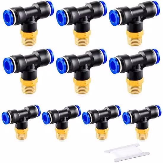 Raccordo pneumatico da 8 mm, confezione da 10, raccordo a T maschio con filettatura BSP da 1/4" e diametro esterno del tubo, tipo "push-to-connect"