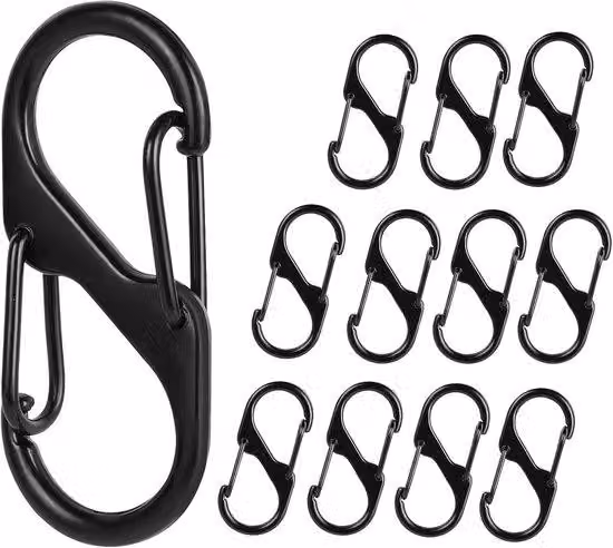 Set di 50 elementi in alluminio: ganci a scatto multifunzione, morsetti a doppia connessione rigida, ganci a due direzioni per campeggio e viaggi, moschettoni a forma di "8" con doppio gancio, colore argento