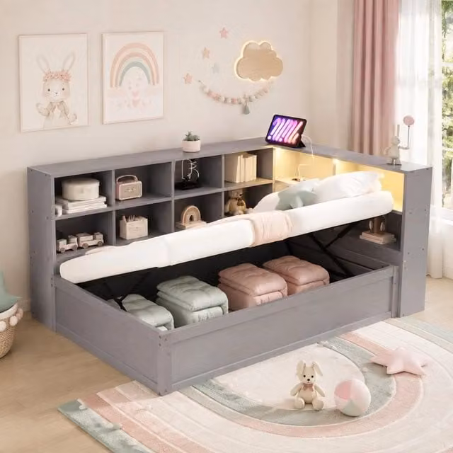 Letto singolo multifunzionale 90 × 200 cm con apertura idraulica in legno grigio con LED e presa integrata