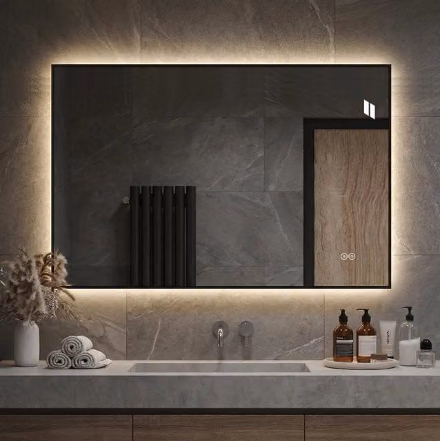 Specchio LED bagno 70x50 cm in vetro con cornice alluminio, antiappannamento, a parete –