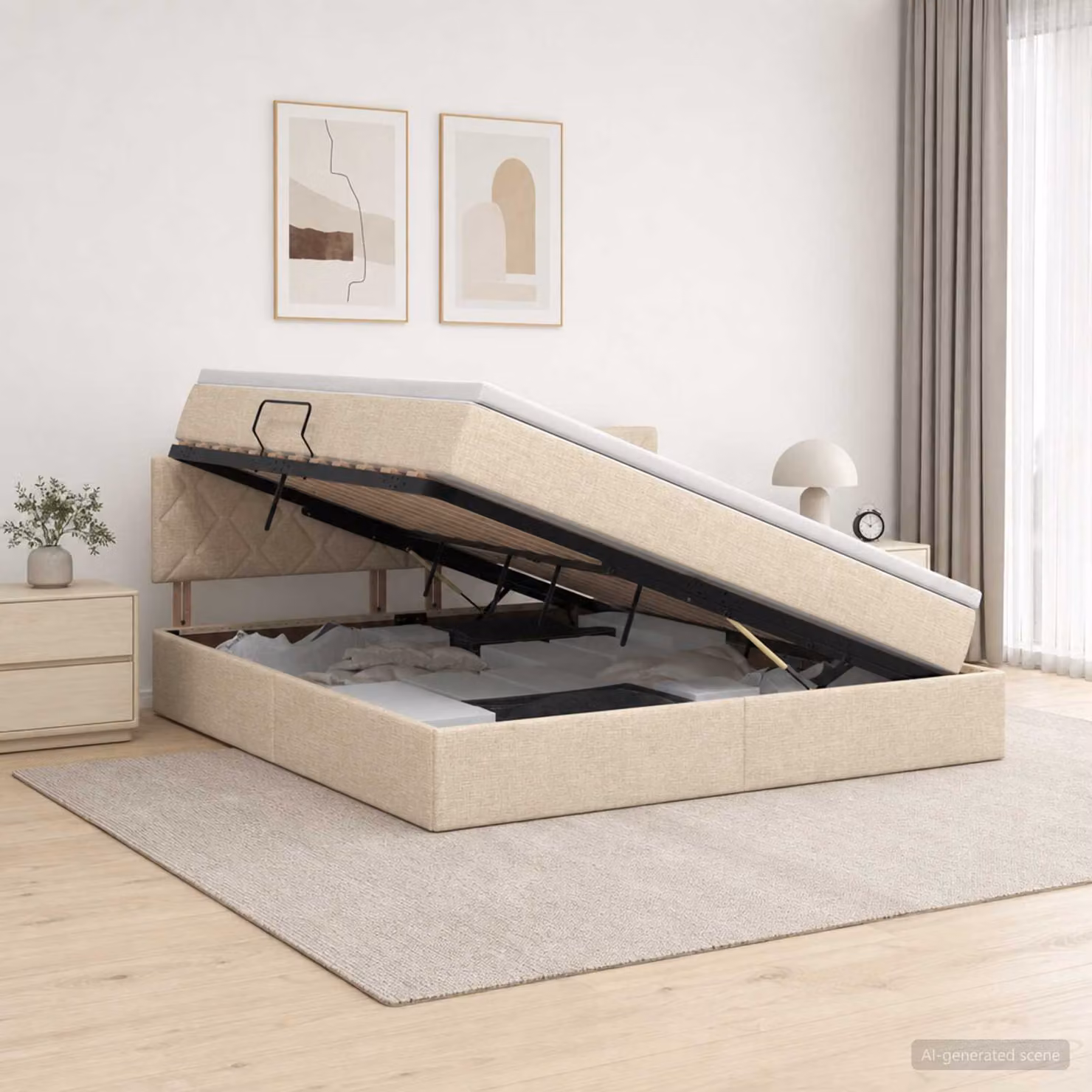 Letto con contenitore e materasso a molle vidaXL, colore beige, con illuminazione LED sottostante, L/P/H: 160 x 200 x 140 cm