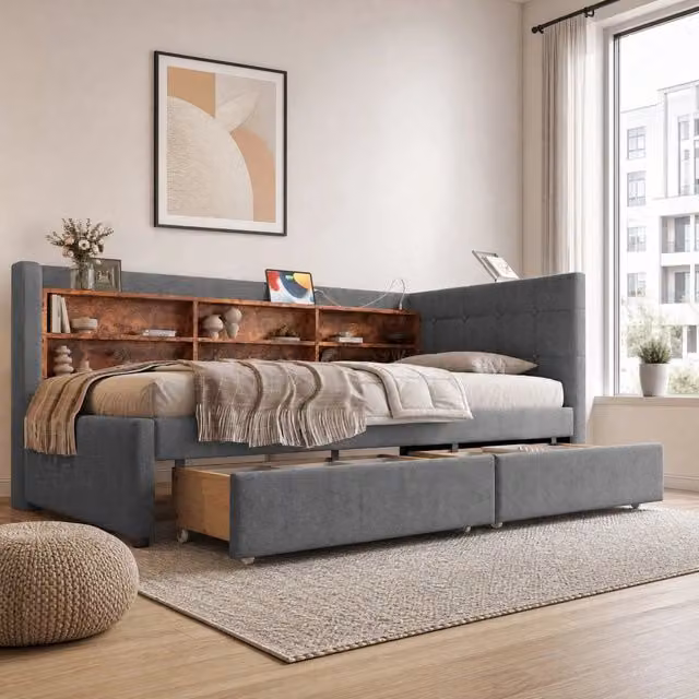 Letto Mivray moderno in lino e MDF grigio con 2 cassetti, ripiani, porte USB e Type-C, L/P/H: 90 x 200 x 101,5 cm