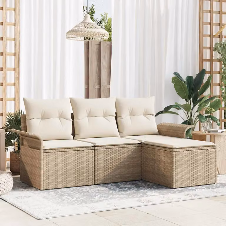 Set di divani da giardino vidaXL a forma di L con cuscini beige e struttura in metallo e rattan