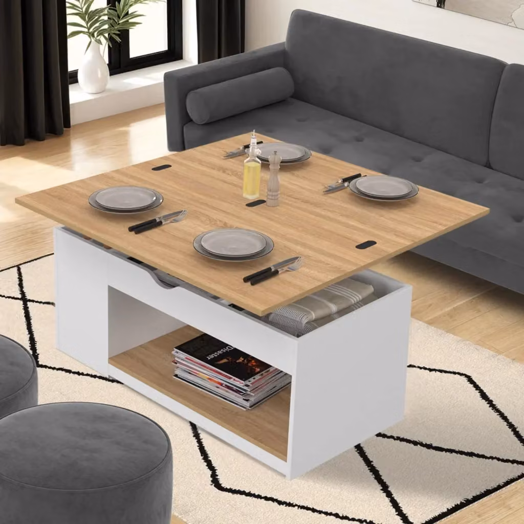 IDMarket Tavolino rettangolare ELEA con piano sollevabile trasformabile in tavolo da pranzo, bianco e legno di faggio – 2