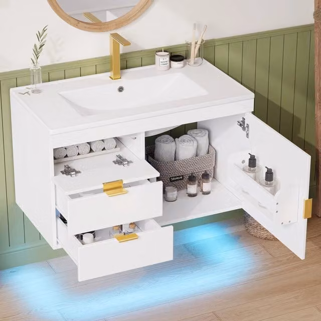 Mobile sottolavabo con LED e lavabo in ceramica, 2 cassetti e vano laterale, per bagno, bianco, 77 × 47 × 51 cm