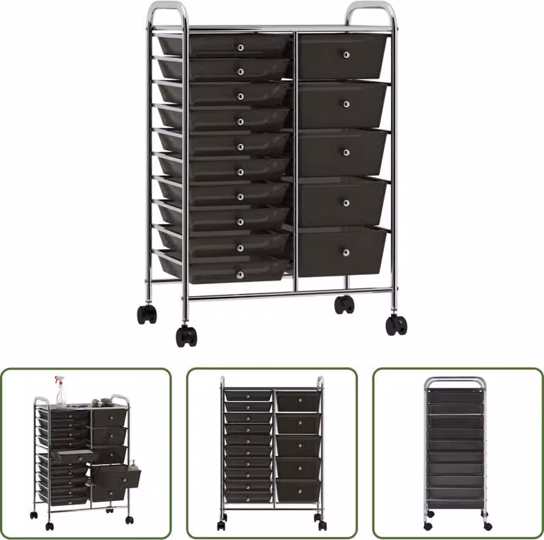 The Living Store Carrello a cassetti XXL con 15 cassetti in plastica nera