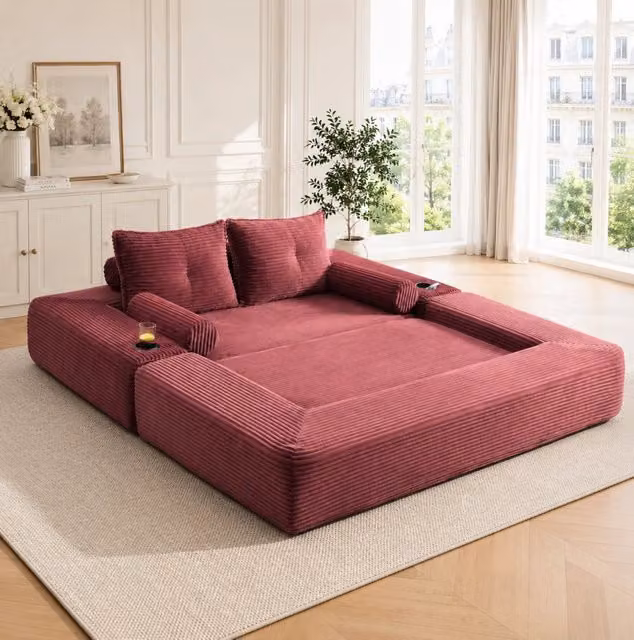 Divano letto 2 posti 180x98x80 cm bordeaux rosso, con tasche e portabicchieri, tessuto a coste