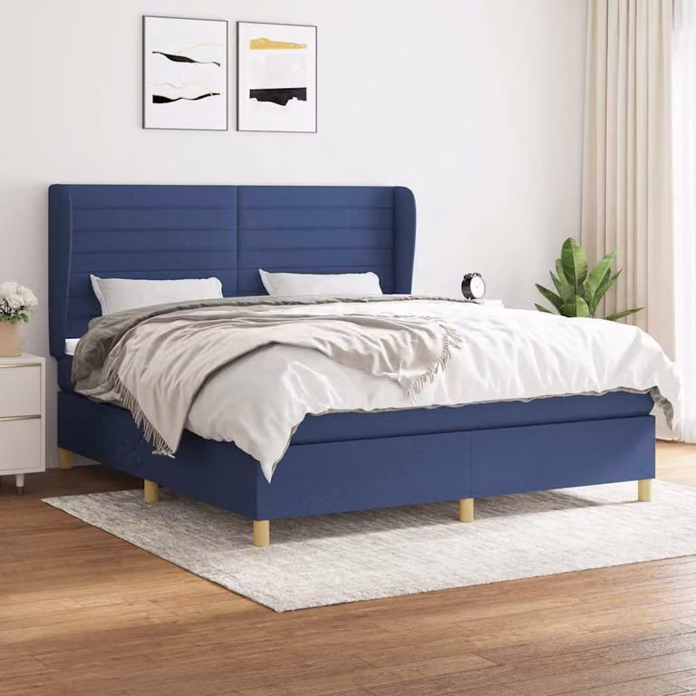 vidaXL Giroletto a Molle con Materasso Blu e Bianco in Tessuto L/P/H: 160 x 200 x 128 cm