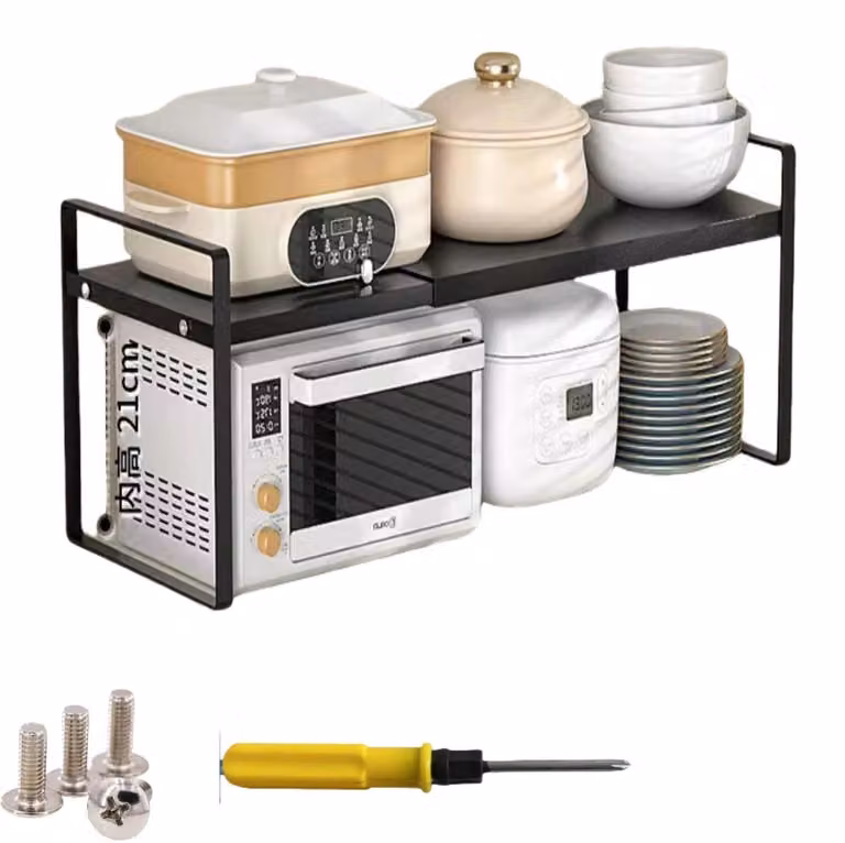 Organizzatore per scaffali da cucina, estensibile, in metallo, nero, dimensioni 35-65x27x25 cm