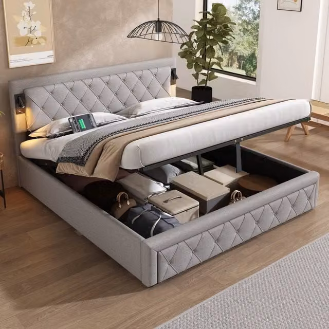 Letto Contenitore REDOM in Lino Grigio con Illuminazione Sotto il Letto e Porte USB L/P: 180 x 200 cm