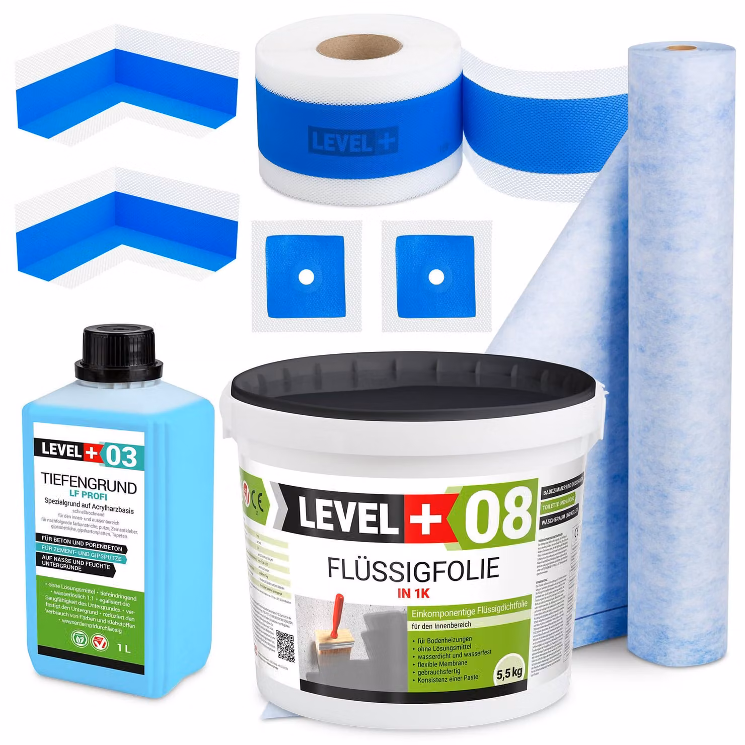 Kit di impermeabilizzazione Foglio liquido 5,5 kg Nastro sigillante 5mb Mat 1mb Primer 1l Doccia - LEVEL+ SET331