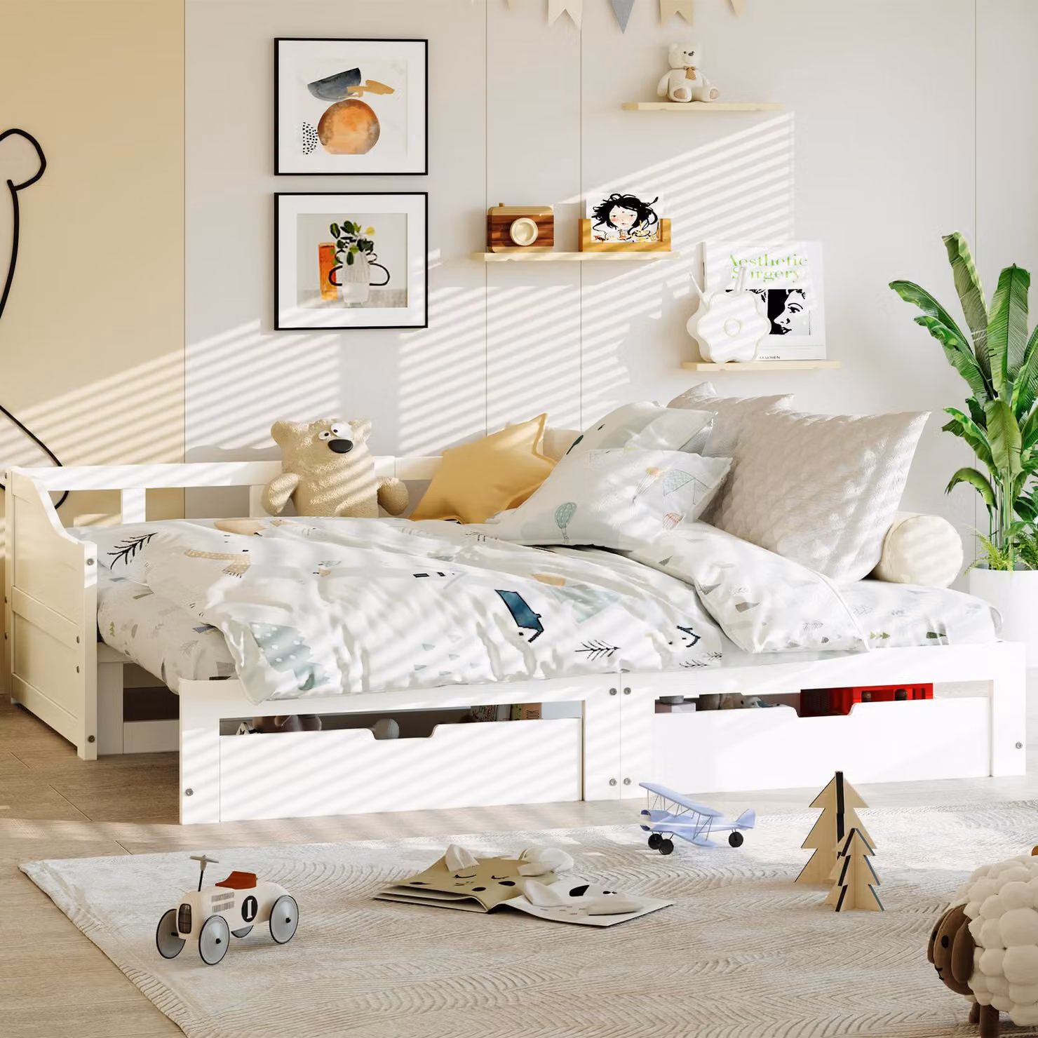ProximaX Letto imbottito 90x200cm/180 x 200cm letto singolo con rete estraibile, letto in legno massiccio con rete a doghe e 2 cassetti, letto contenitore letto per ospiti letto da giorno, bianco