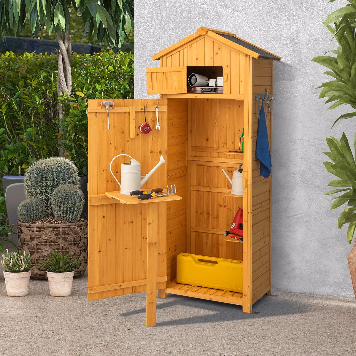 Costway Capannone da Giardino in Legno Marrone con Serratura, Tavolino Pieghevole e Ganci, Armadio per Utensili L: 75 cm, P: 50 cm, H: 180,5 cm – 3