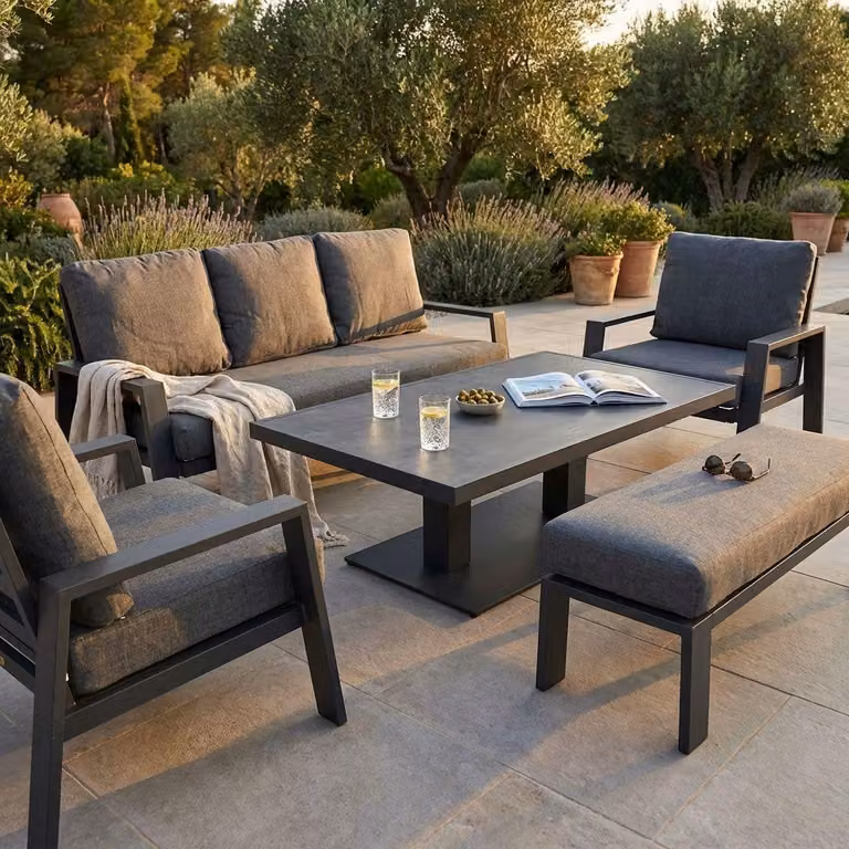 Milani Home - salotto da giardino, alluminio e tessuto, con tavolino e cuscini, 5 posti, antracite e grigio scuro