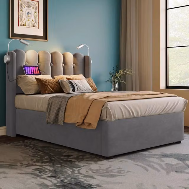 Letto singolo 90x200 cm con contenitore; luce da lettura e porta USB; velluto grigio