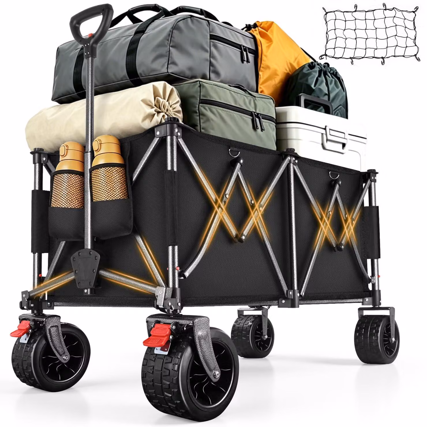 Carrello pieghevole – capacità 260 litri, portata massima 250 kg – include rete elastica protettiva, ideale per spiaggia e campeggio