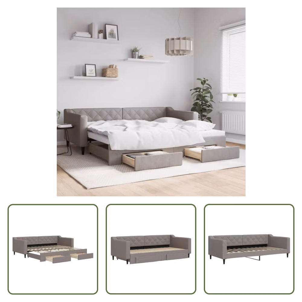 The Living Store Letto allungabile con cassetti Taupe 90x200 cm tessuto
