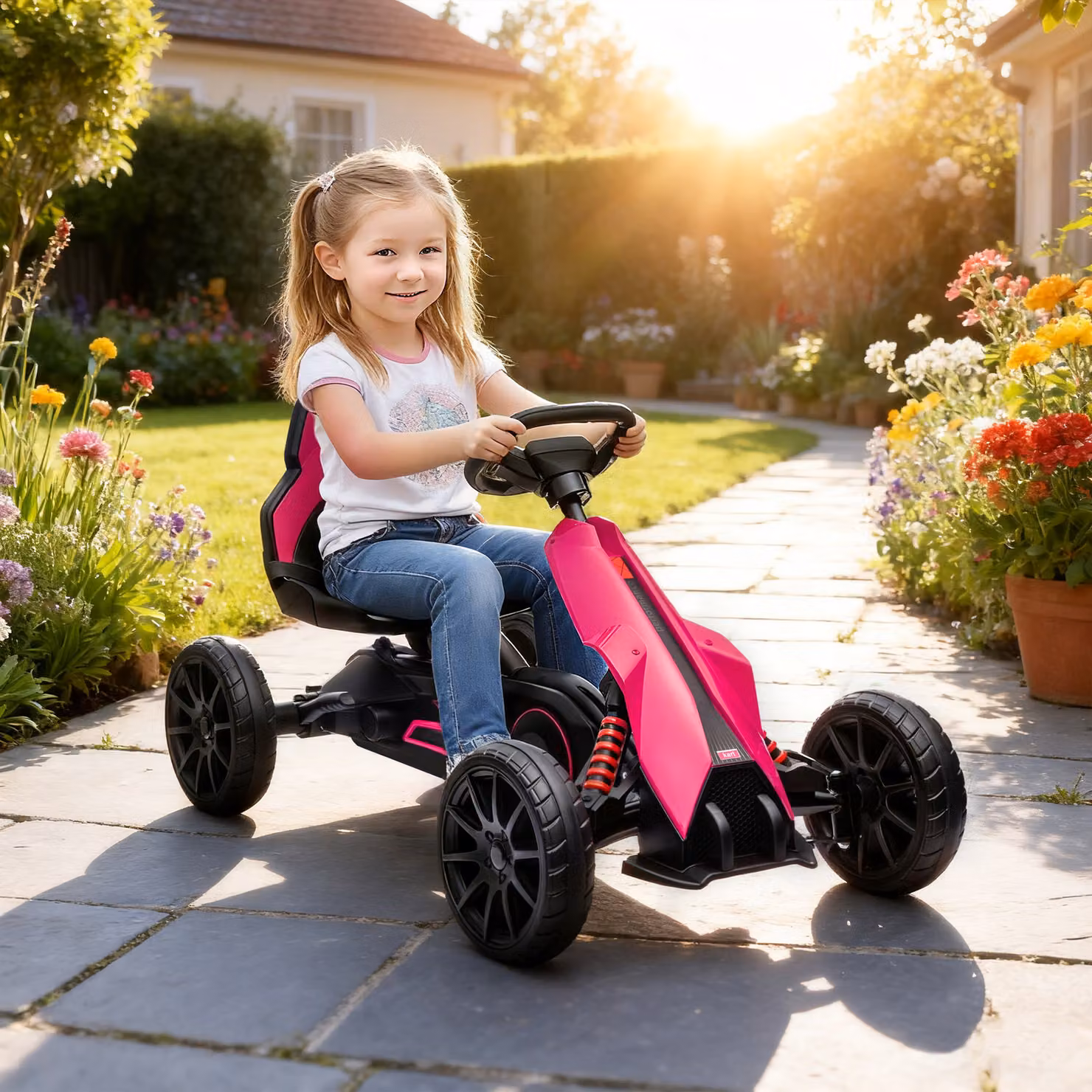 Go Kart a Pedali HOMCOM per Bambini 3-8 Anni con Sedile Regolabile e Ruote in EVA, L/P/H: 100 x 58 x 58.5 cm, Rosa e Nero – 2