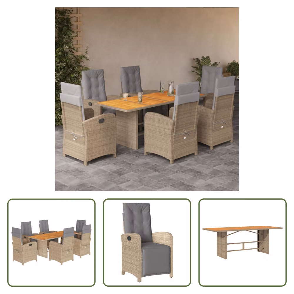 The Living Store Set da pranzo da giardino 7 pezzi con cuscini Beige poly rattan