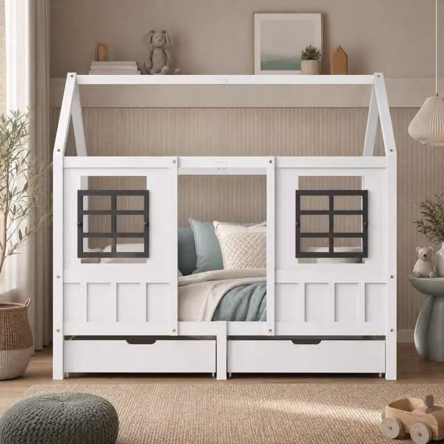 Letto a casetta Mivray per bambini in legno e MDF bianco con 2 cassetti L/P/H: 207 x 90 x 174 cm