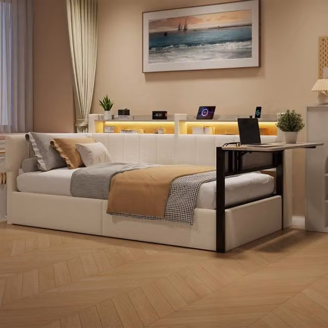 Letto a divano 90x200 cm; letto contenitore idraulico; LED; ripiano ribaltabile; comodini intercambiabili; porta USB; velluto; bianco