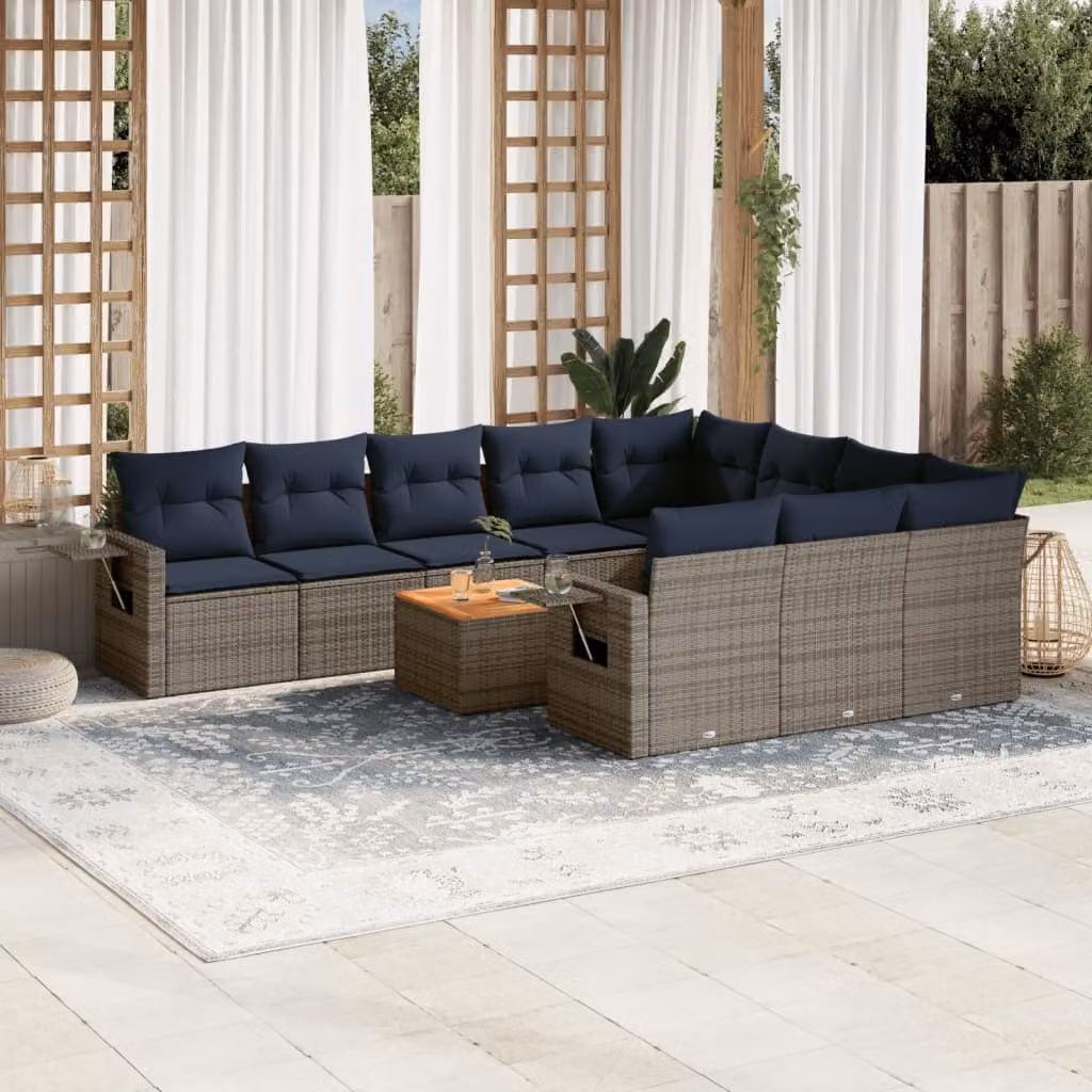 Set Divani da Giardino vidaXL 11 pz in Polyrattan Grigio con Cuscini e Tavolino da Esterno a Forma di L
