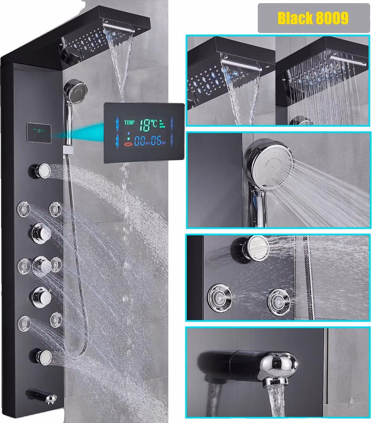 Pannello doccia a pioggia a cascata, acciaio inox, comando a tre maniglie, nero 8009