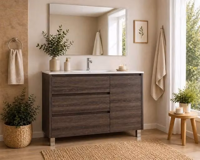 Mobile Bagno VOLUM Già Montato 3 cassetti e porta, lavabo e specchio Frassino tea 80x45 cm