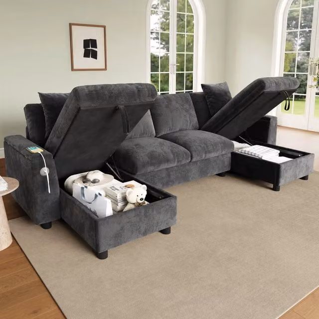 Divano panoramico a U MIVRAY in ciniglia grigio con chaise longue contenitore, porte USB e Type-C, L: 279 cm, P: 84 cm, H: 135 cm – 1