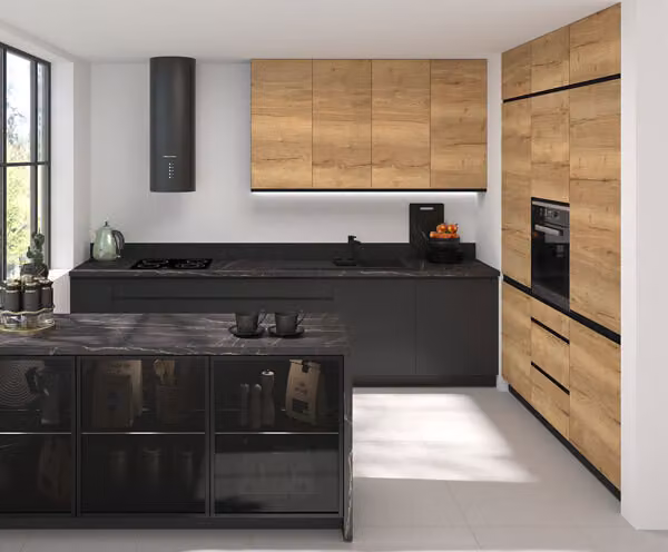 Cucina componibile TREVISO con piano di lavoro lava Halifax rovere grafite opaco estensione parziale