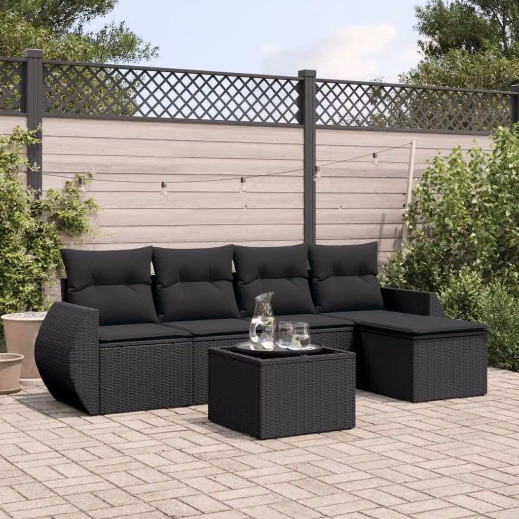 Set Divano da Giardino vidaXL 6 pz in Polyrattan Nero con Cuscini e Tavolino da Esterno – 1