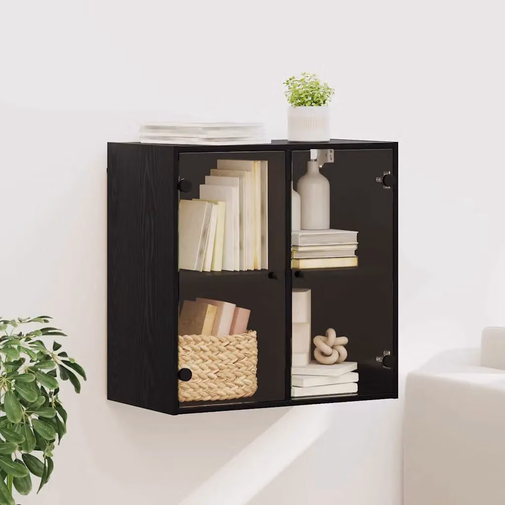 Armadietto a muro vidaXL nero con ante in vetro e ripiani interni in legno ingegnerizzato L/P/H: 68 x 37 x 68,5 cm