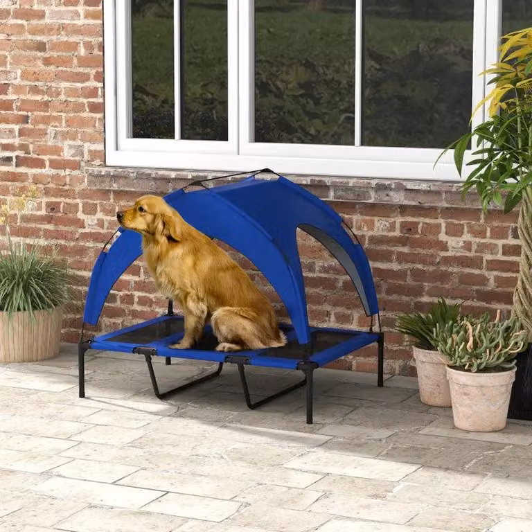 Letto rialzato per cani con tenda e borsa da trasporto | Colore: blu scuro | Dimensioni: 76x106x20 cm