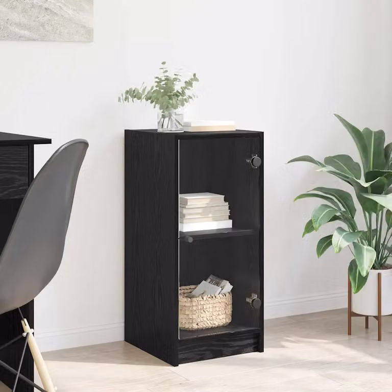 Credenza moderna vidaXL in legno ingegnerizzato e vetro, colore nero lucido, L: 35 cm, P: 37 cm, H: 76 cm